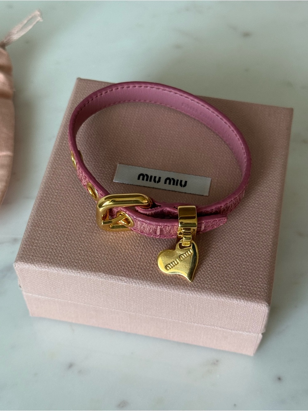 Miu Miu Rose Pink Leather Bracelet with Gold Heart Charm